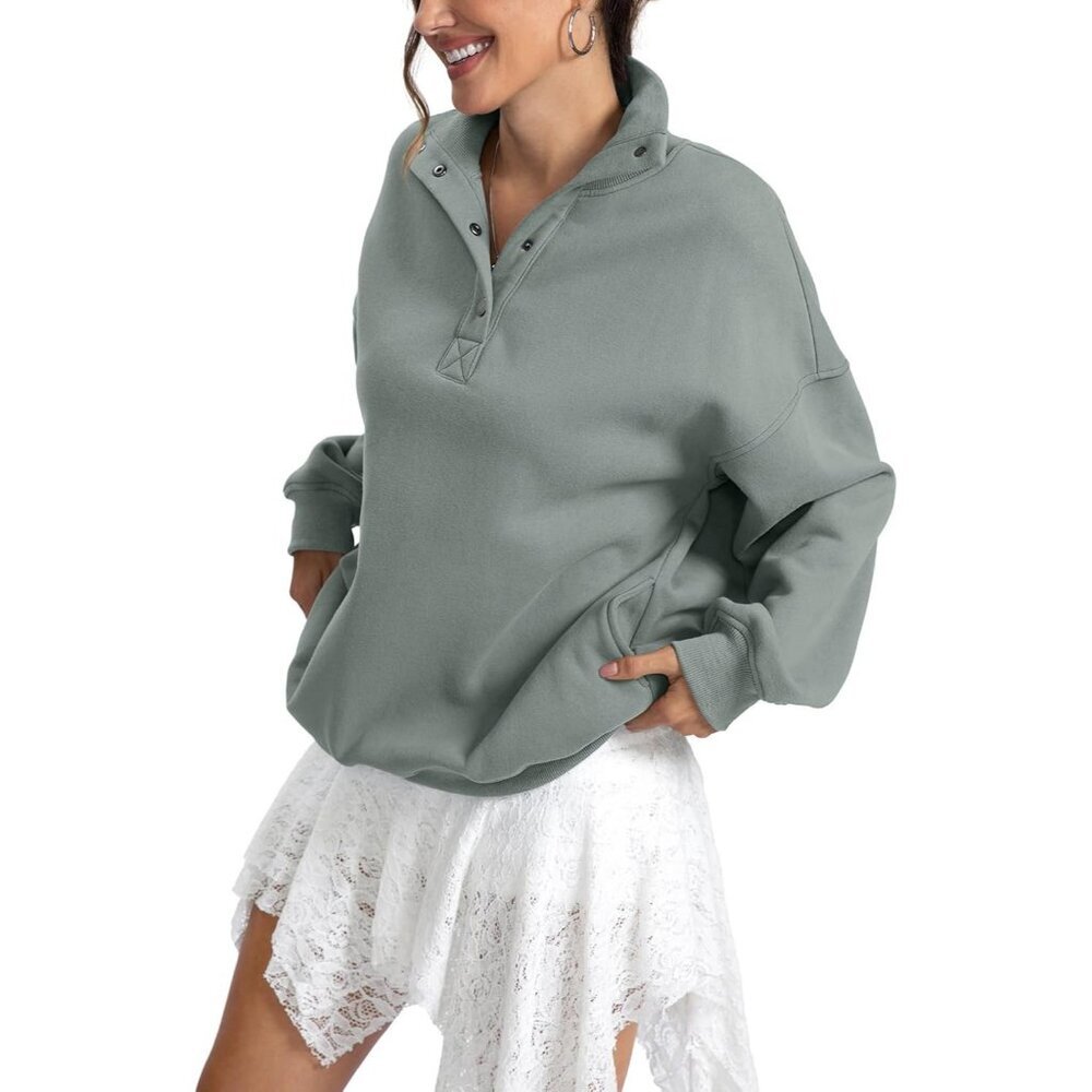 Women's Dark Green Sweatshirts Trendy Tops Fleece Henley Neck Long Sleeve Button - Picture 3 of 6
